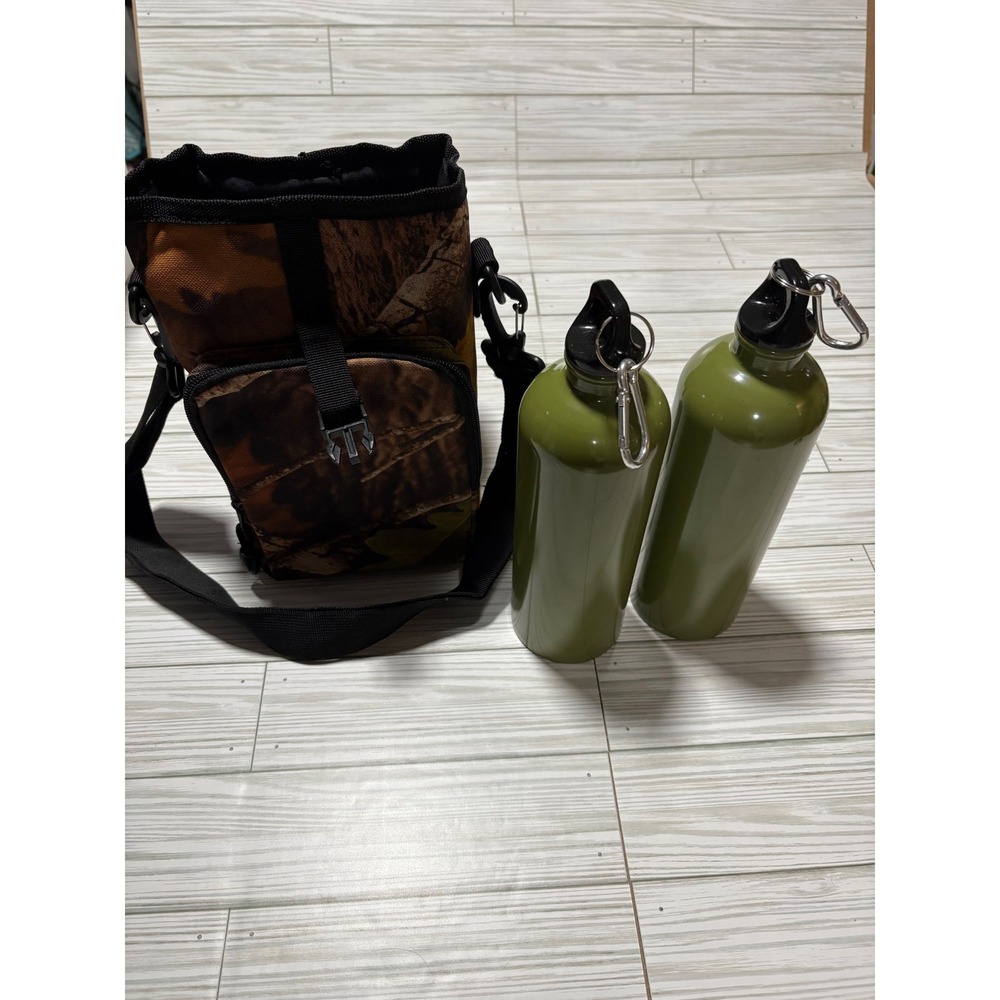 Camouflage Insulated Canteen Bag with Two‎ Olive Green Aluminum Water Bottles